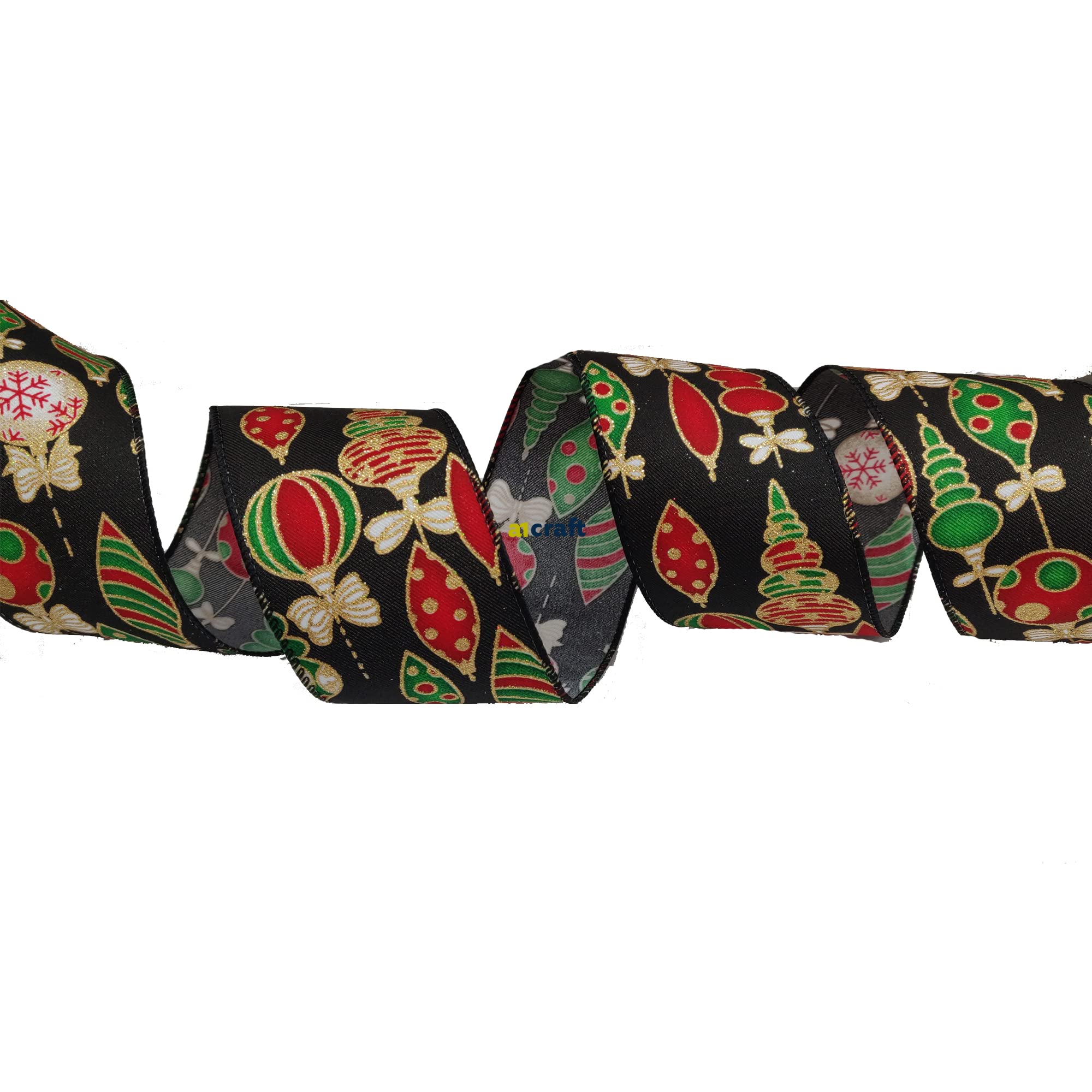 Christmas 63mm Wide Wire Edged Ribbon Wreath Party Decorations Gift Wrap Presents Craft Glitter Bow-No Roll (Christmas Bauble, 10 Meter)