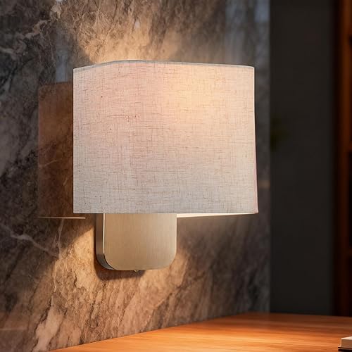 Miniatura 1 de Linen Square Wall Sconce, Antique Brass Finish - Modern Cylinder Shade Hardwired Light Fixture for Bedroom, Bathroom Vanity, Living Room, E12