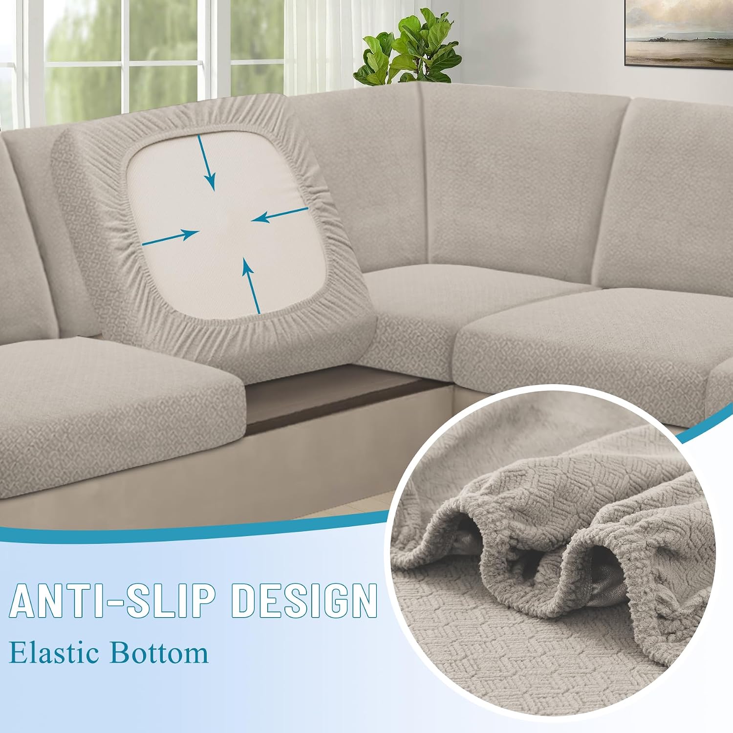 HDCAXKJ Waterproof Sectional Couch Cushion Covers 11 Pieces Stretch Jacquard L Shaped Corner Sofa Slipcover Soft Sofa Seat Cushion Covers for Dogs Pet (5 Seater and 6 Backrest, Light Khaki)