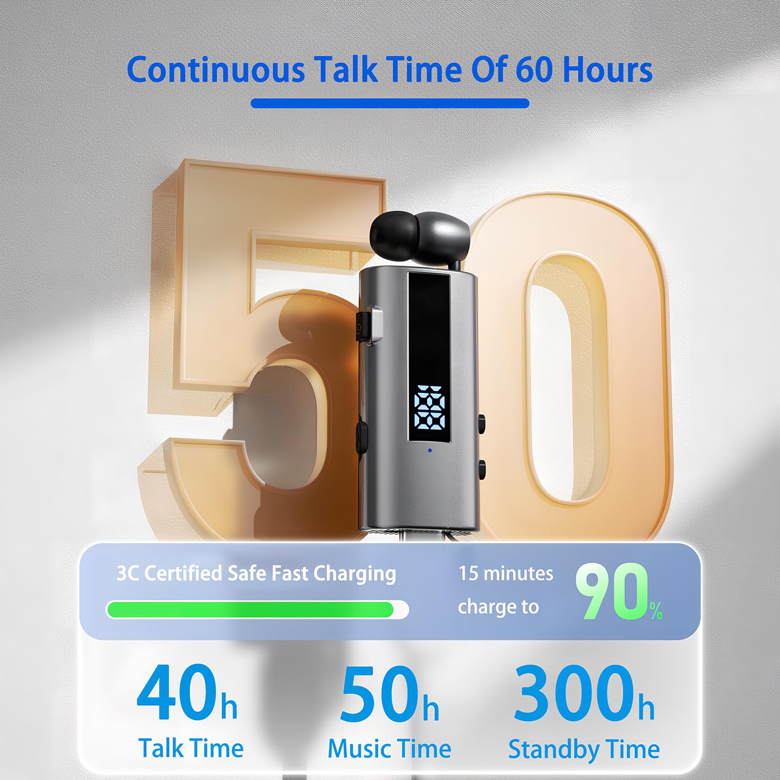Auricolari Bluetooth con Cavo Retrattile, 50H Cuffie Wireless Lavalier con Vibratione, LED Power Display, IP65 Impermeabile, Doppia Connessione, Chip 6.0 (Grigio Nerastro)