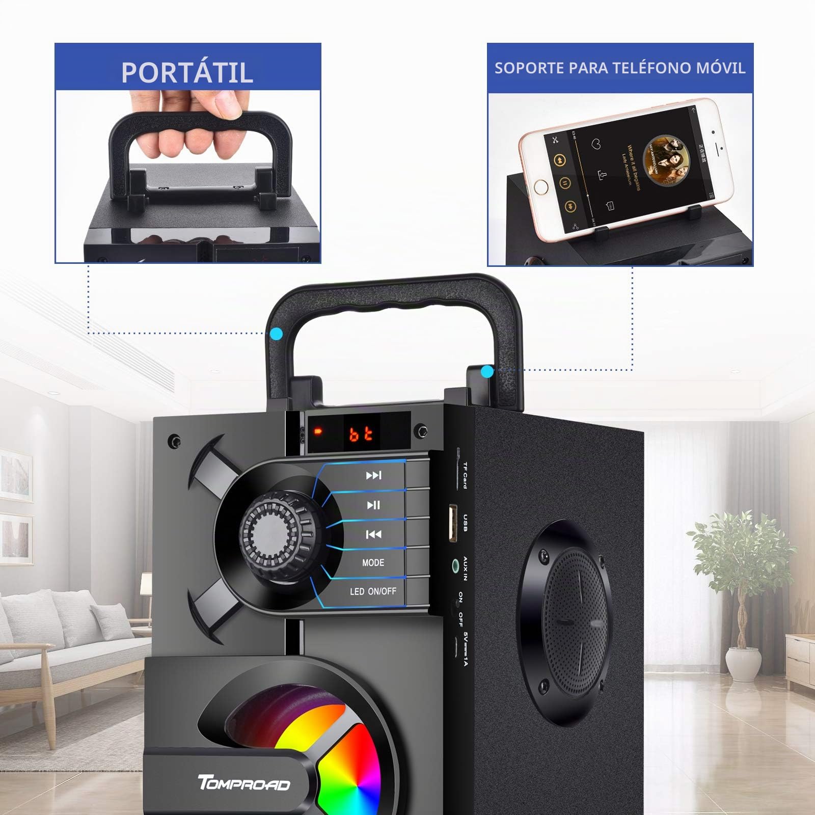 TOMPROAD Altavoz Bluetooth, caja Bluetooth portátil con subwoofer, sonido estéreo inalámbrico, bajo profundo, altavoz para fiestas, compatible con radio FM, control remoto, luces LED (Negro)