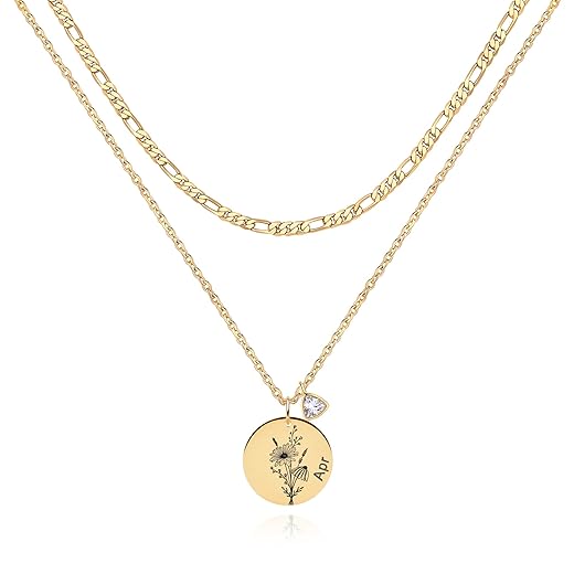 MTMY Layered Birth Flower Necklaces, 18K Gold Plated Dainty Birth Month Flower Birthstone Pendant Necklaces Jewelry Gifts for Women(October-Cosmos)