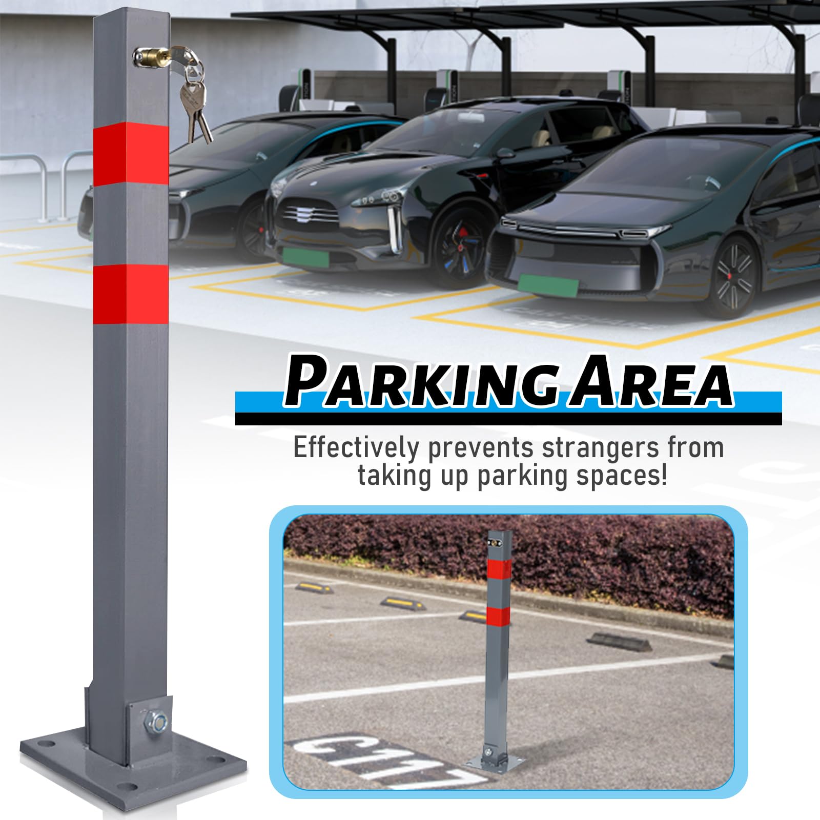 Sonnewelt 2x Paletti per parcheggio Barriera per parcheggio con 3 chiavi, Barriere per parcheggio con strisce riflettenti, Paletti di sbarramento pieghevoli, Acciaio robusto Base stabile Paletti per