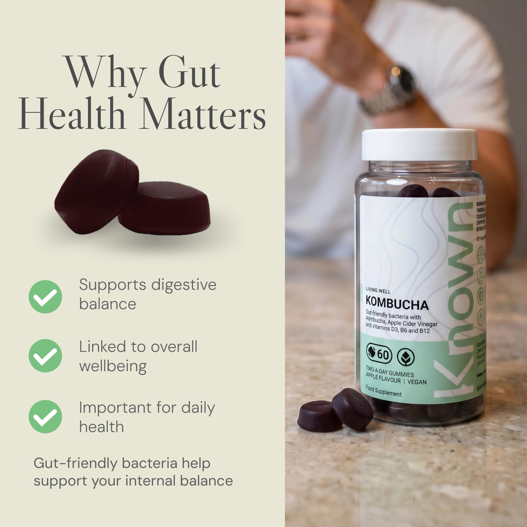 Gummies Délicieux Kombucha Known – Vinaigre de Cidre, Bactéries Amies de l’Intestin & Vitamines B – Saveur Pomme – 60 Gummies Vegan, 1 Mois