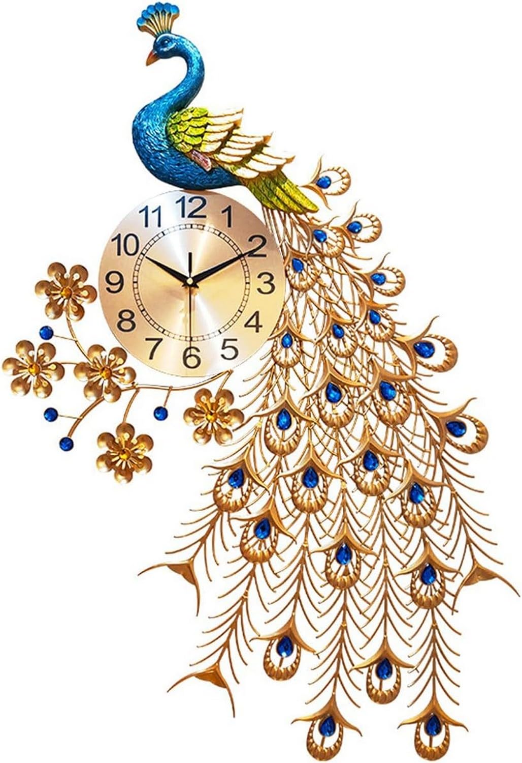 SaryEdge Wall Clock Modern Wall Clock, 3D Peacock Shaped Wall Clock No Tick Silent Clock Bedroom Wrought Iron Wall Clock Peacock Large Metal Bedroom Home Wall Art Decoration,