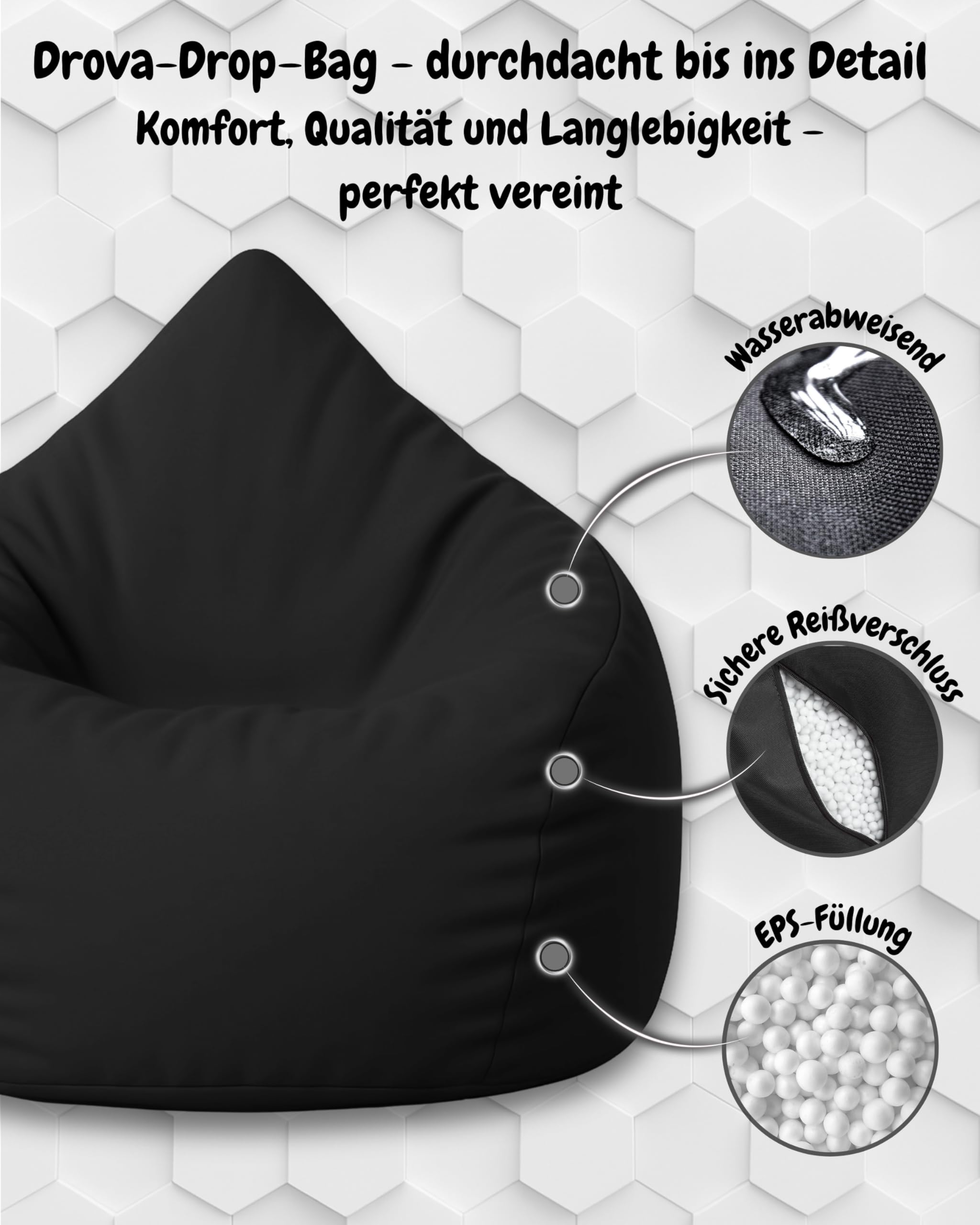 PATCH HOME Sitzsack Tropfenform mit Reißverschluss Nachfüllbar In & Outdoor Höhe 125cm Durchmesser 105cm Schwarz