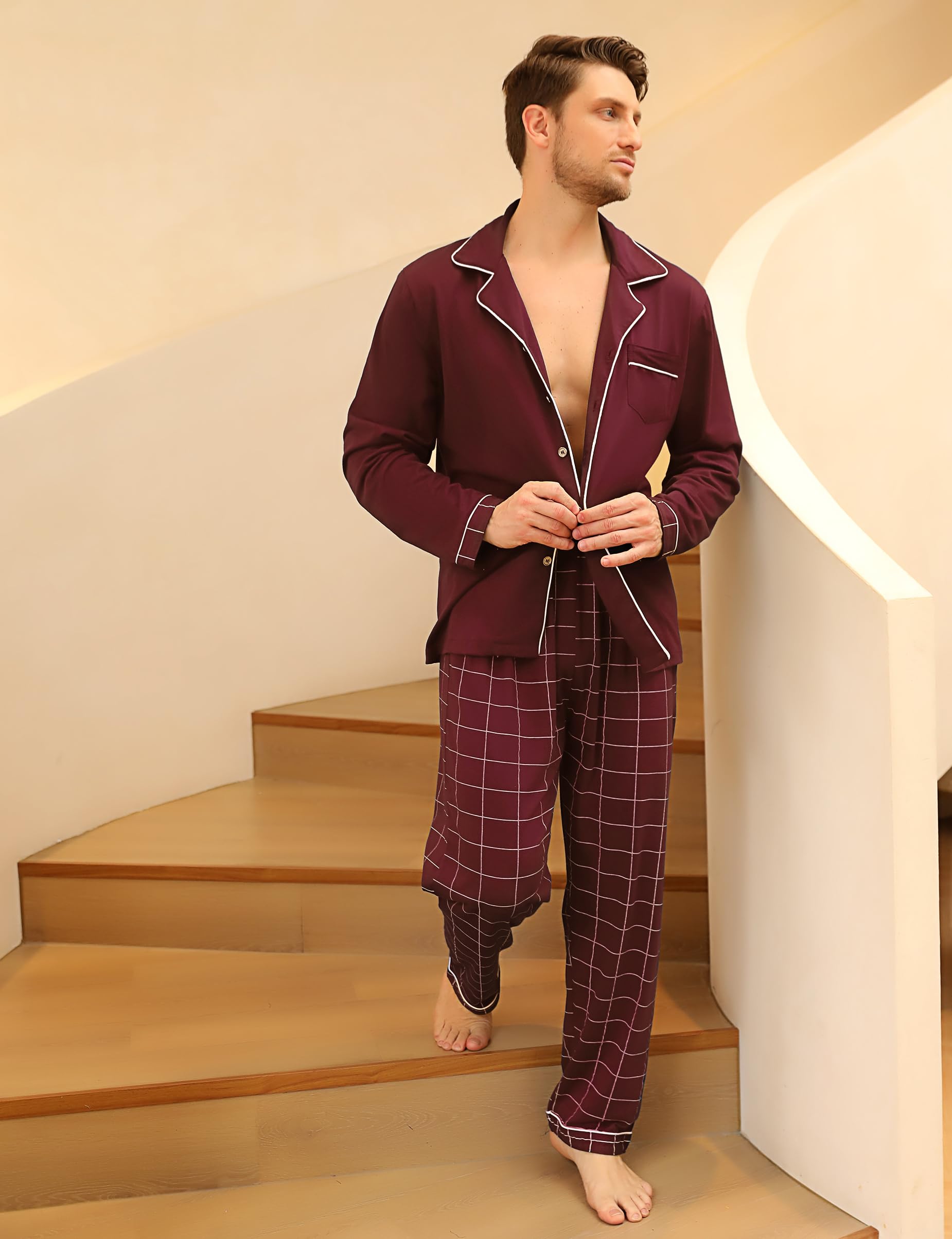 Bresdk Pigiama Uomo Cotone Lungo Invernale Manica Lunga con Bottoni Pigiami Due Pezzi Classico Aperto Davanti Caldo e Morbido