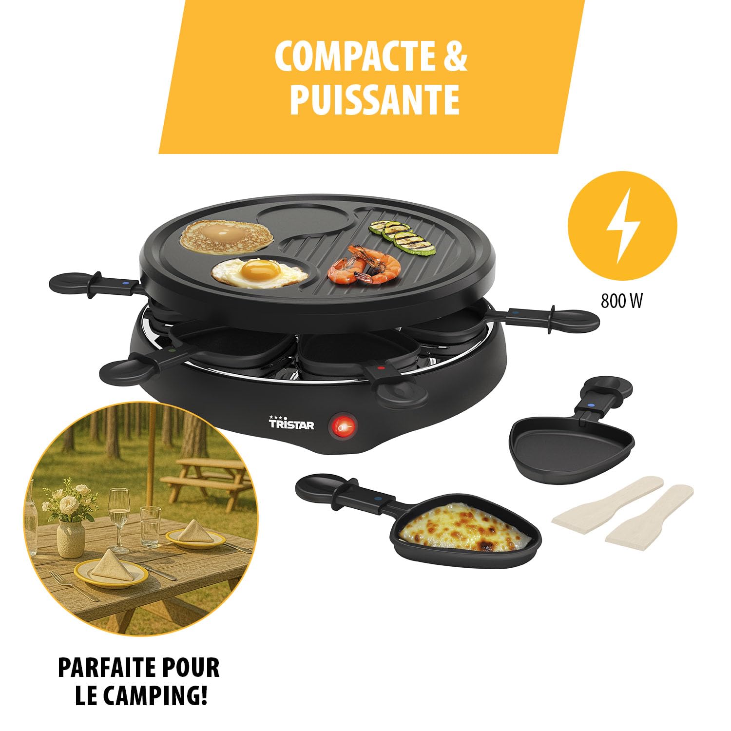 Raclette Tristar pour jusqu’à 6 Personnes, Avec 6 Poêlons et Zone Crêpe et Grill, Ø29 cm, 800 W, Noir, RA-2998