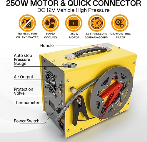 Miniatura 4 de Compresor de aire PCP, parada automática alimentado por DC 12V Car or Home AC 110V220V, 4500Psi30Mpa300Bar sin aceiteagua, carrete de alambre diseño