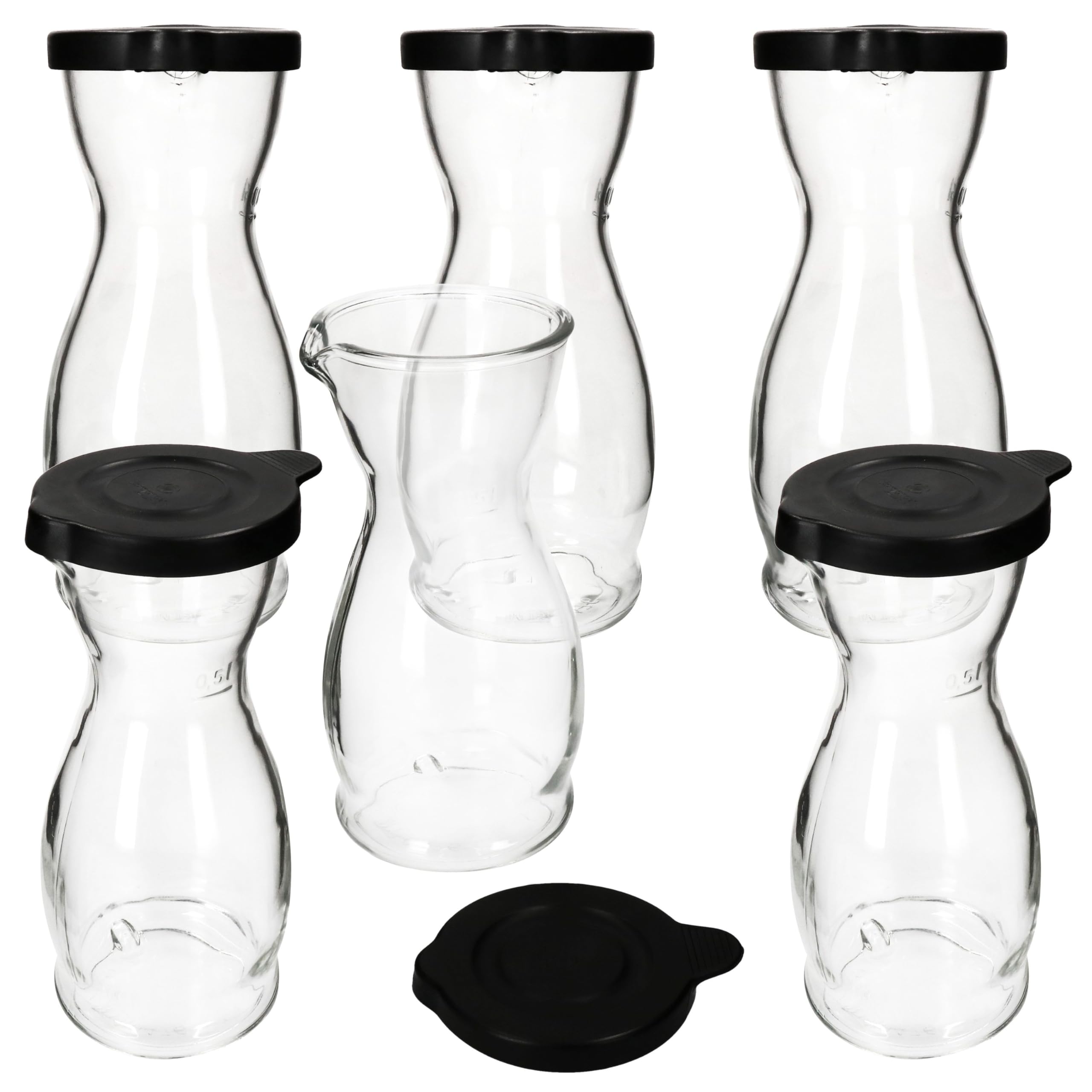 MamboCat Mia Misura Lot de 6 carafes à vin avec couvercle en plastique noir I 0,5 l Calibré I Carafe en verre avec bec verseur pour vin, eau, jus, lait, etc.