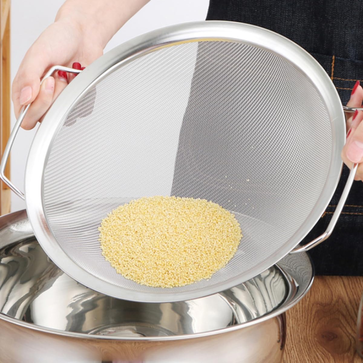 Colador Doble de Inoxidable de Acero Asa para Malla Cocina | Plata, Lavado y Filtrado de Arroz, Uso en Hogar Verduras y Frituras Pequeñas