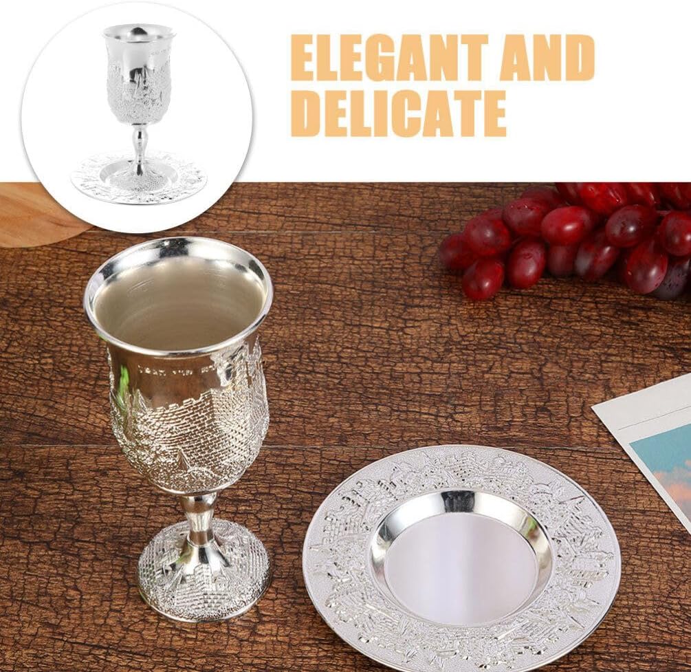 Kiddush Cup Set, Kiddush Wine Cup and Saucer Silver Plated Goblet With Stem Shabbat and Havdalah Goblet Judaica Shabbos and Holiday Gift