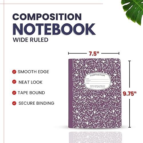 Miniatura 9 de AUKSales Cuaderno de composición con rayas anchas, paquete de 2, 9-34 x 7-12 pulgadas, 100 hojas, cuaderno escolar de mármol morado, cuadernos de