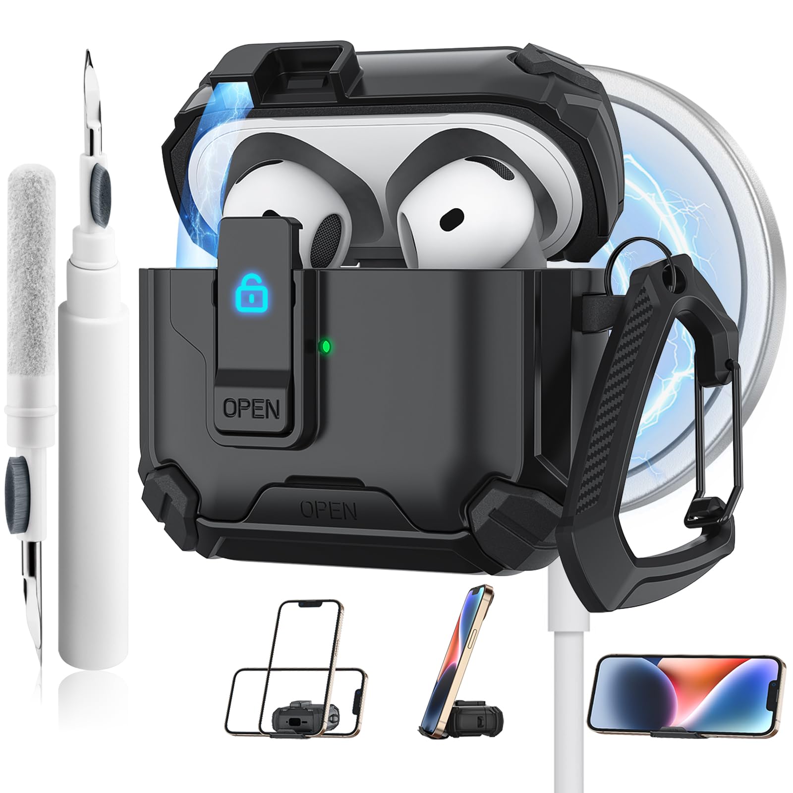 Meliya for AirPods 4 Case, Comes with Phone Holder and Magsafe Function, Automatic Pop-up Full Protection Hard Case with Secure Lock & Cleaner Kit &