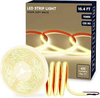 LUXRITE LED Strip Lights 16.4FT, 3000K Soft White, Ultra High Density, 10mm, 400 Lumens/FT, Cut to Length, 4.5W/FT, CRI 90, 24V Flexible Tape Light, UL Listed - Home and Remodel, Accent Lighting