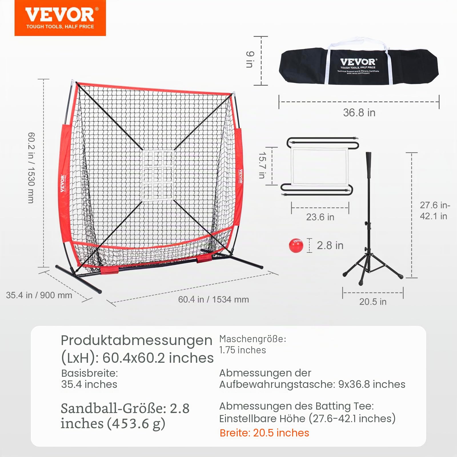 VEVOR 2134 x 2134 mm Pitching Net Pitching Target mit Strike Zone, Baseball & Softball 9 Loch Trainingsgeräte für Jugendliche & Erwachsene, Baseball Pitching Net (nur Netz)
