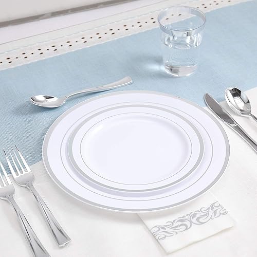 Miniatura 3 de FOCUSLINE Juego de vajilla desechable de 350 unidades para 50 invitados, platos de plástico resistente con borde plateado, incluye 50 platos de cena