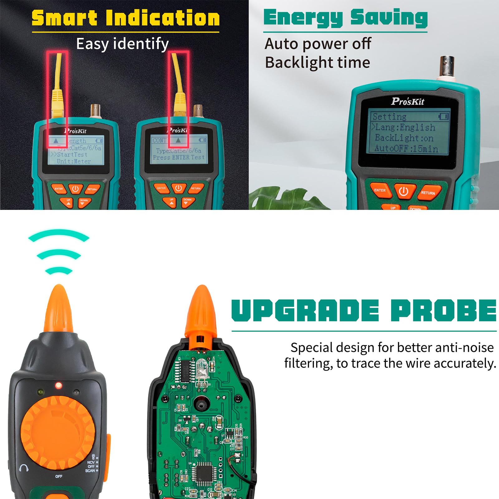 Pro'sKit Netzwerkkabel Tester MT-7071N, Netzwerk Kabel Tester- Cat5/6/7, Ethernet-Kabeltester, Netzwerktester Kabeltester Multifunktionaler LCD Wire Tracker