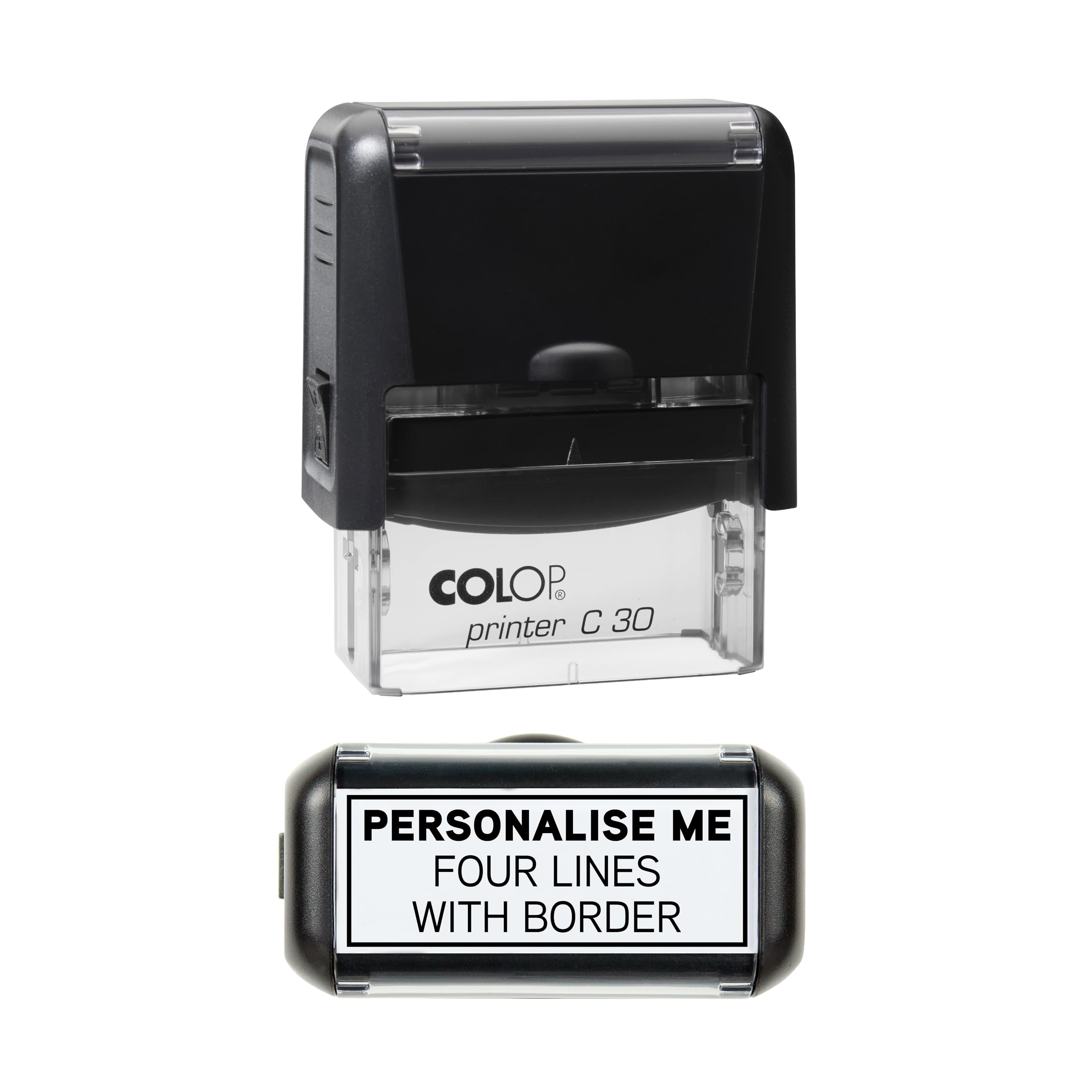 Personalised Custom Made Self-Inking Business Company Address Rubber Ink Stamp - 48mm x 18mm - with Solid Border (Four Lines of Text)
