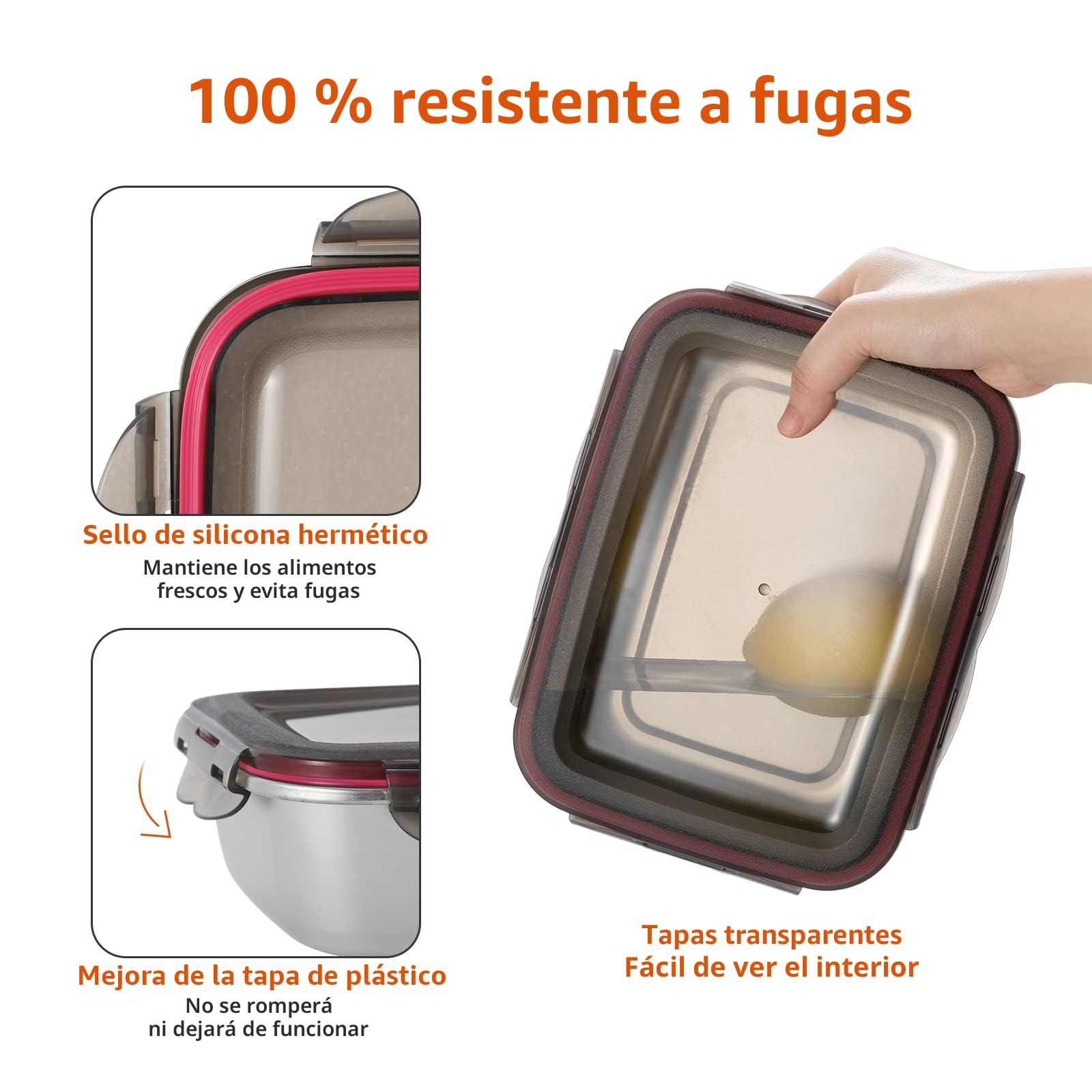 Juego de 3 Recipiente Hermetico para Alimentos de Acero Inoxidable Contenedor de Almacenamiento con Tapa Apilable 600ml/ 1500ml/ 2900ml Aptos para Lavavajillas Nevera Frigorifico