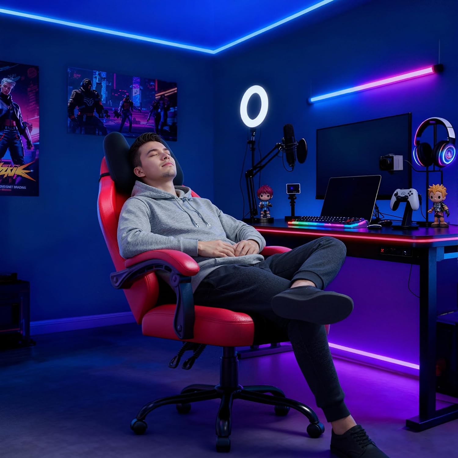 seenda GCP-18 Gaming Chair Ergonomic Office Chair 90-135 Adjustable Backrest Technical Fabric and PU Leather Removable Pillow Interlocking Armrests for Home Office Gamer Red