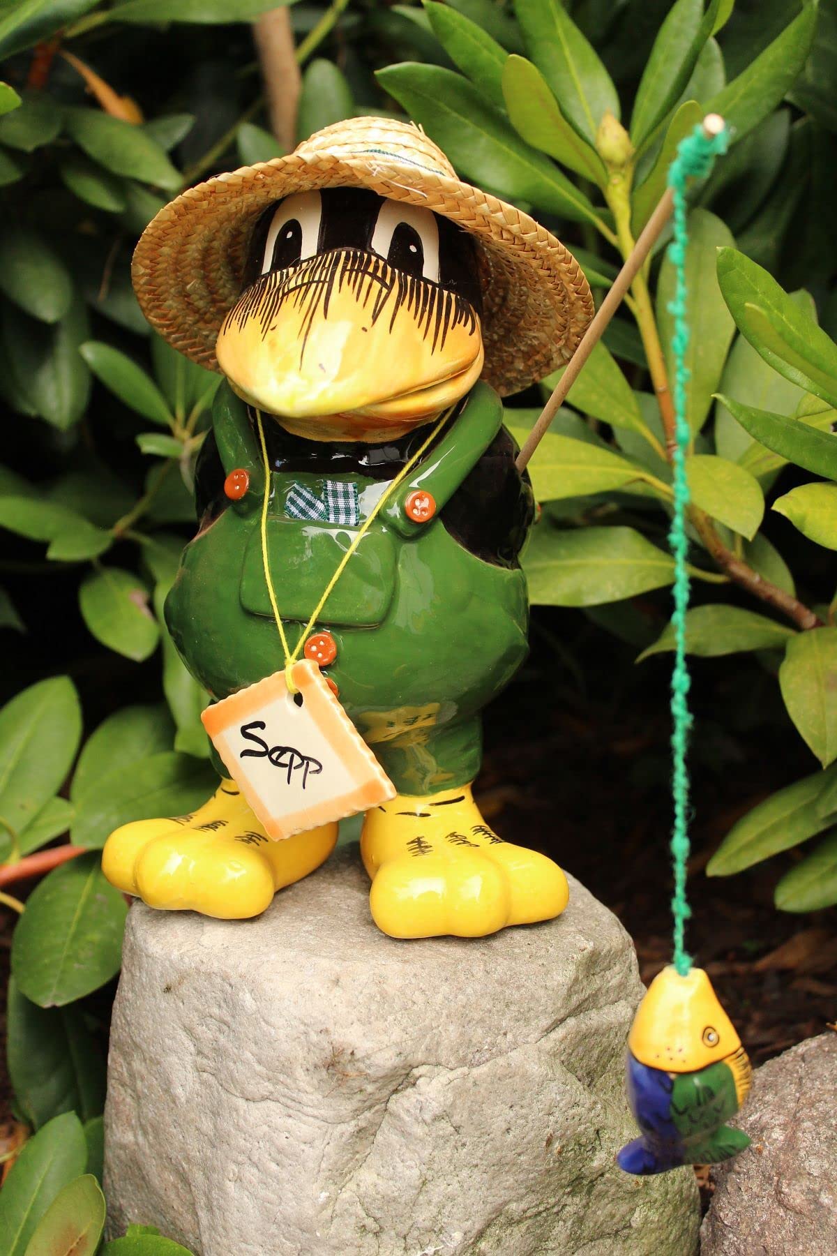 ML2299 Gartenfigur Angler aus Keramik 26 cm hoch Dekofigur Vogel Gartendeko grün