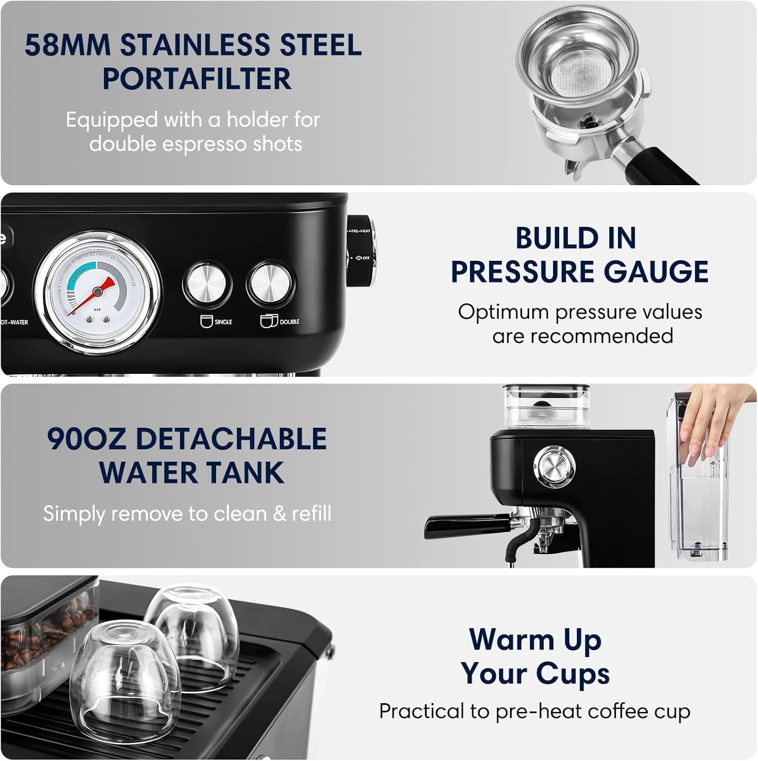 Espresso Machine with Grinder and Milk Frother, 20 Bar Semi Automatic