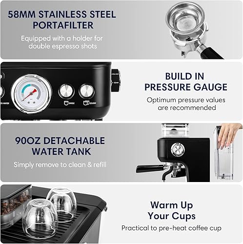 Miniatura 6 de Sincreative Espresso Machine with Grinder and Milk Frother, 20 Bar Semi Automatic Espresso Coffee Machine Latte and Cappuccino Coffee Maker All in