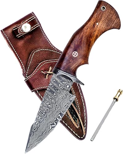 LC - Cuchillo de caza de 10 pulgadas hecho a mano de Damasco y afilador de cuchillas, cuchillo de caza con vaina, cuchillo de supervivencia con