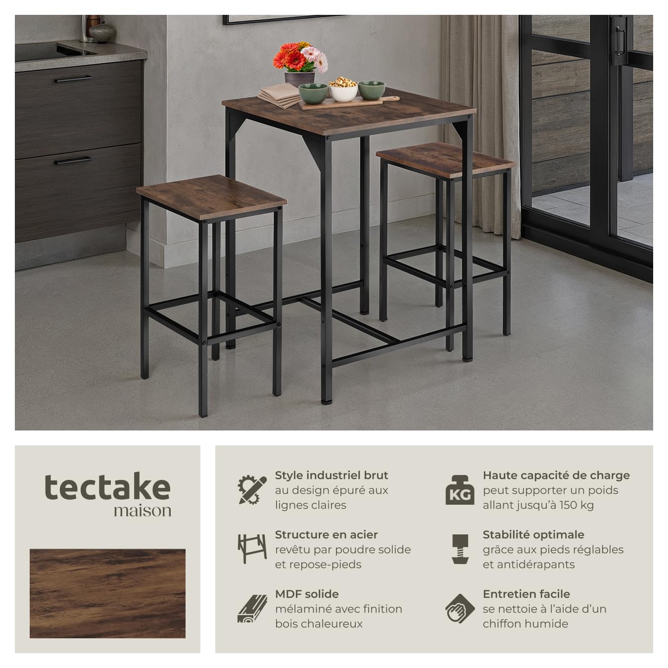 tectake® Ensemble de Bar 3 pièces, Table Haute 60 x 60 x 91 cm et 2 Tabouret Bar 40 x 30 x 66 cm, Style Industriel, Table Haute Mange Debout et Tabouret Haut, Cuisine, Salle à Manger, Bois foncé