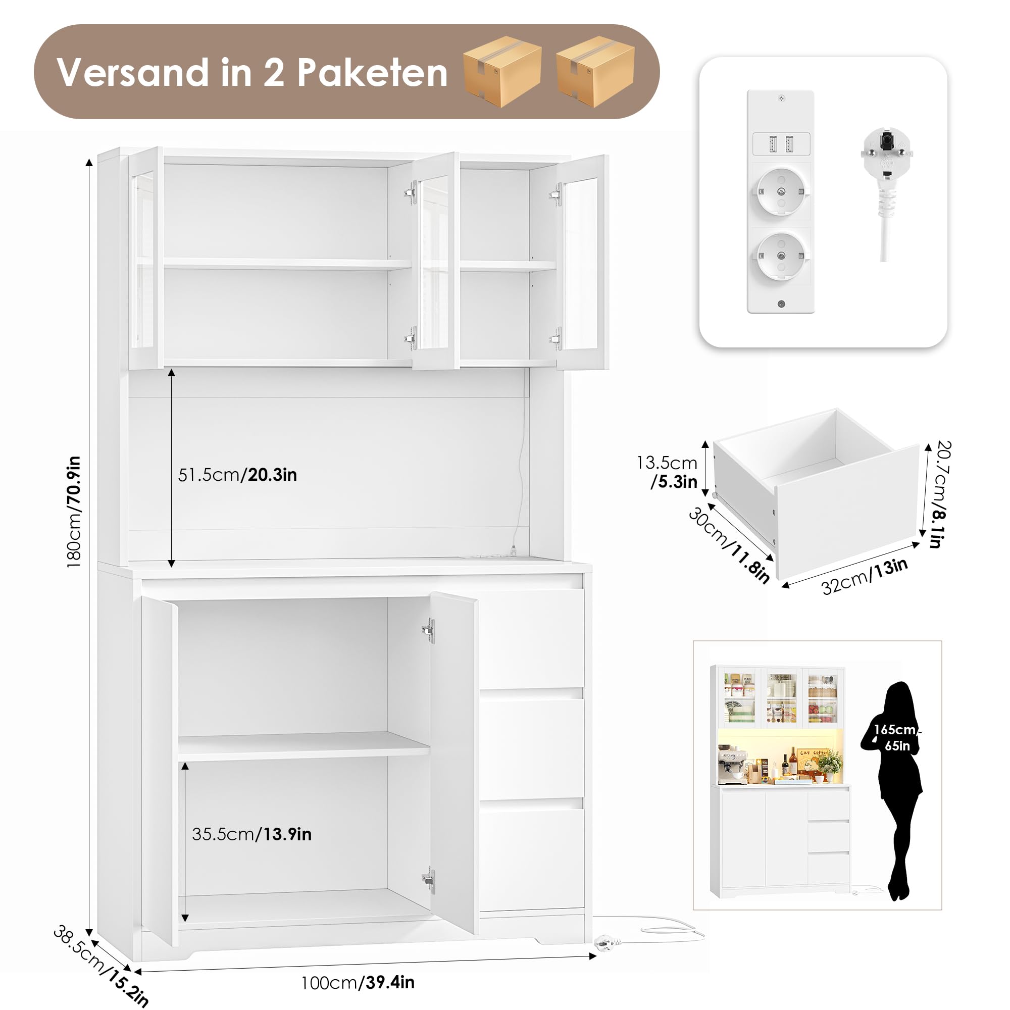 FirFurd 180 cm Küchenschrank Buffetschrank mit LED & Steckdosenleiste Vorratsschrank mit verstellbaren Einlegeböden Küchenschrank mit Arbeitsplatte Sideboard für Küche, Esszimmer 180x100x38,5 cm Weiß