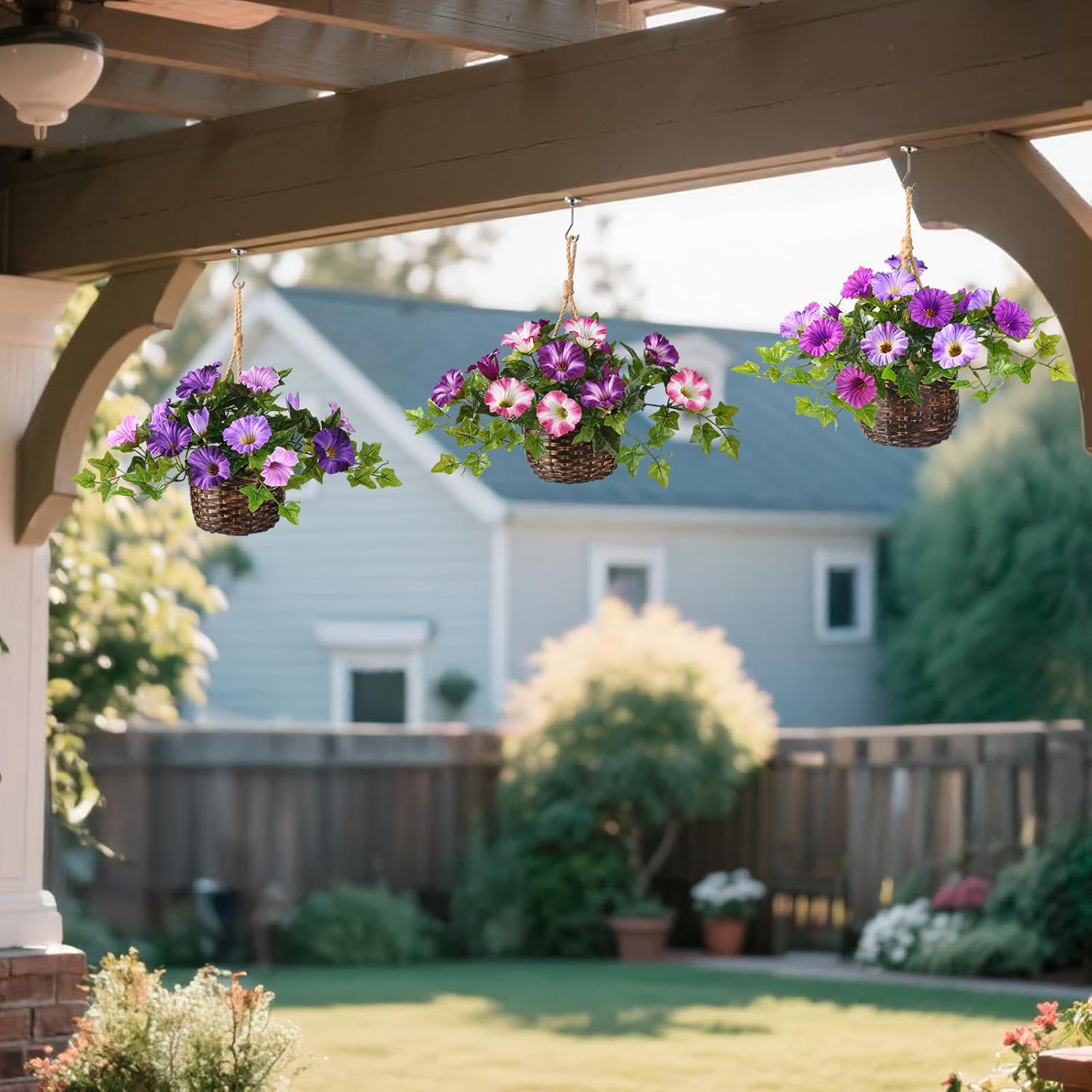 ZFProcess 2 Set Artificial Outdoor Flowers with Hanging Basket, 2 Hanging Planters Faux Silk Morning Glory Flowers for Spring Summer Front Porch Garden Patio Home Decor(Dark Orchid)