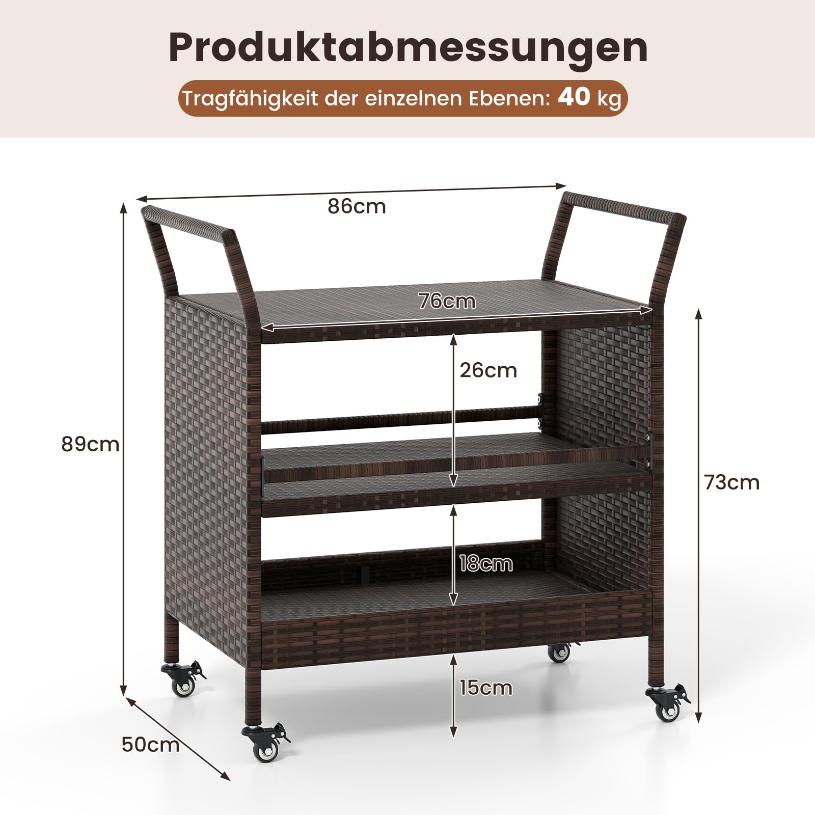 COSTWAY Servierwagen Rattan, Küchenwagen mit 3 Ablagen & Rollen & Seitengriffen, Grillwagen Grilltisch Outdoor für Garten, Pool, Veranda, 86 x 50 x 89 cm