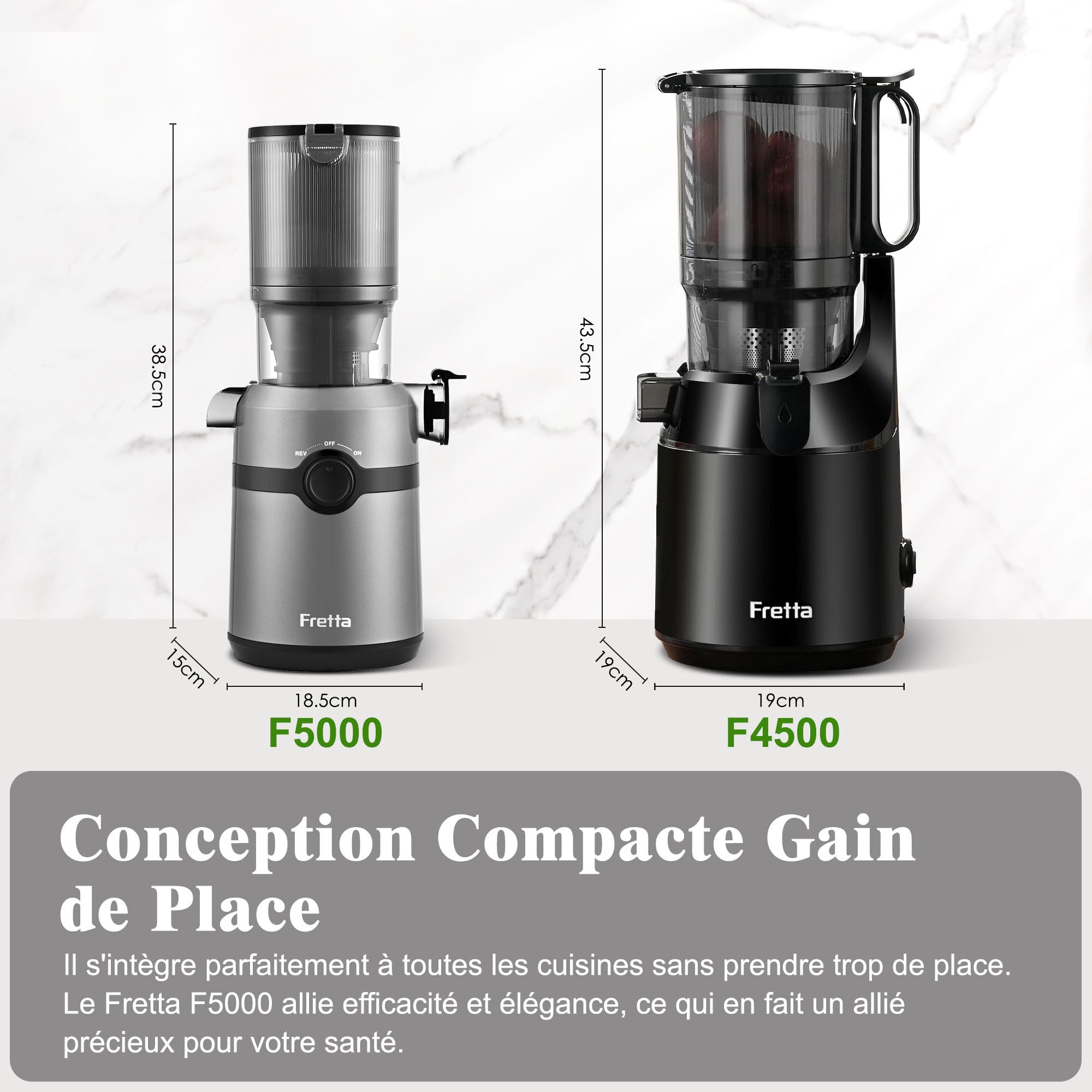 Fretta Extracteur de Jus, Slow Juicer Grande Ouverture 108mm, 1L Capacité, Pression à Froid, Sans BPA, 200W (Gris)