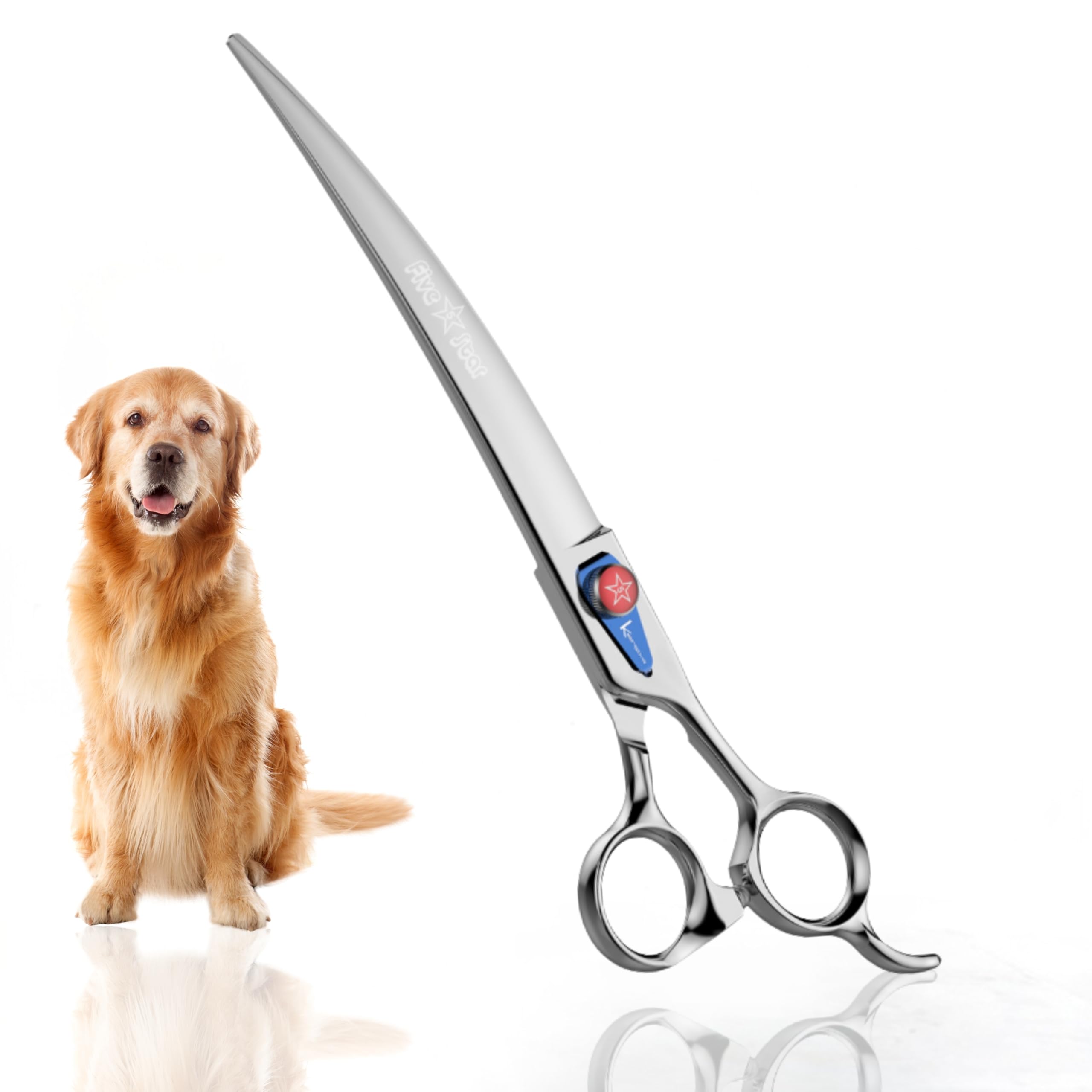 Kenchii Five Star Offset Handle Professional Dog Grooming Shears, 8 Inch Curved Shears, Light Weight, Heavy Duty Pet Grooming Scissor for Dogs, Cats