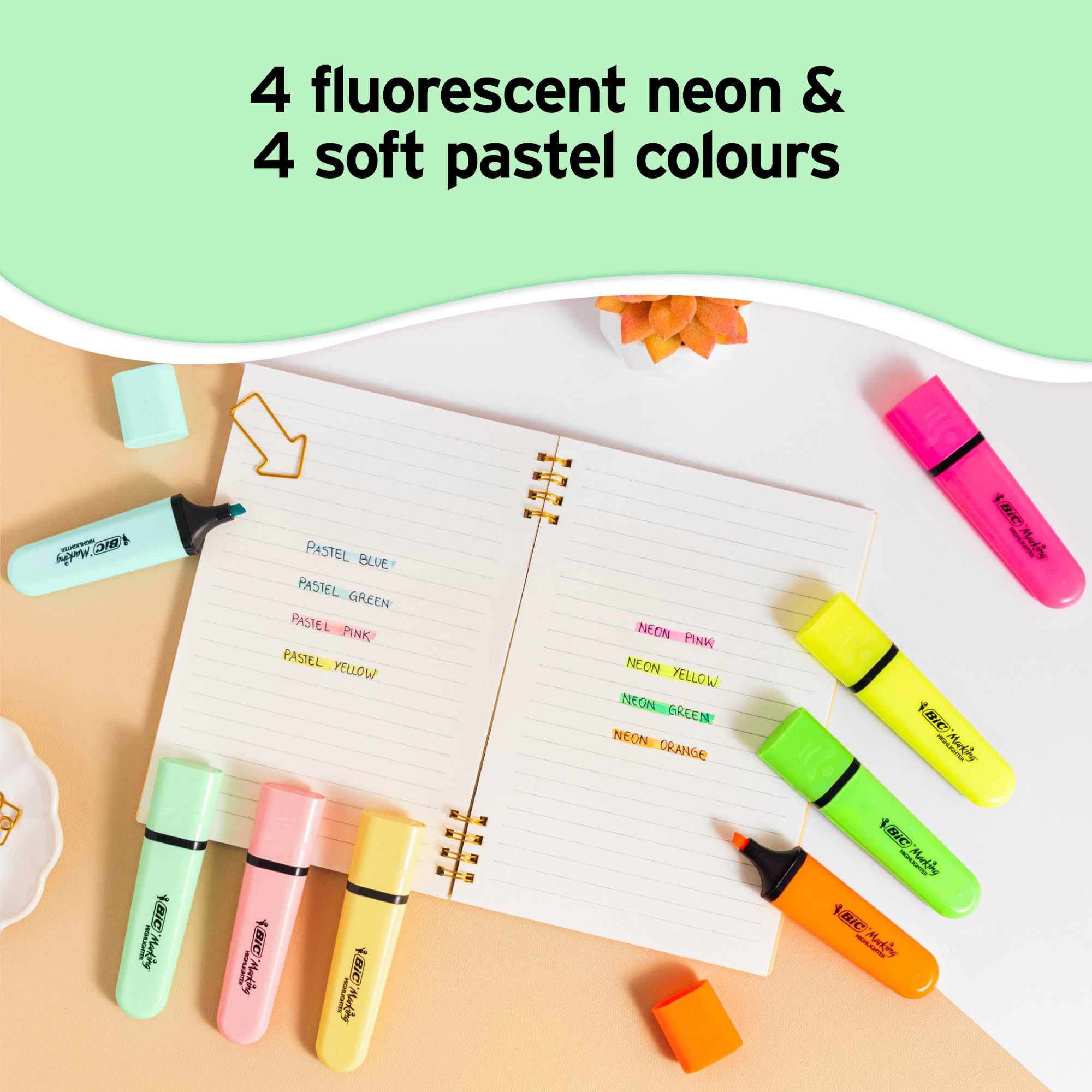 BIC Marking Flat Highlighter Pens with Modular Chiselled Nib (1.2 mm-4.6 mm) - Assorted Neon and Pastel Colours, Pack of 10 - Image 2