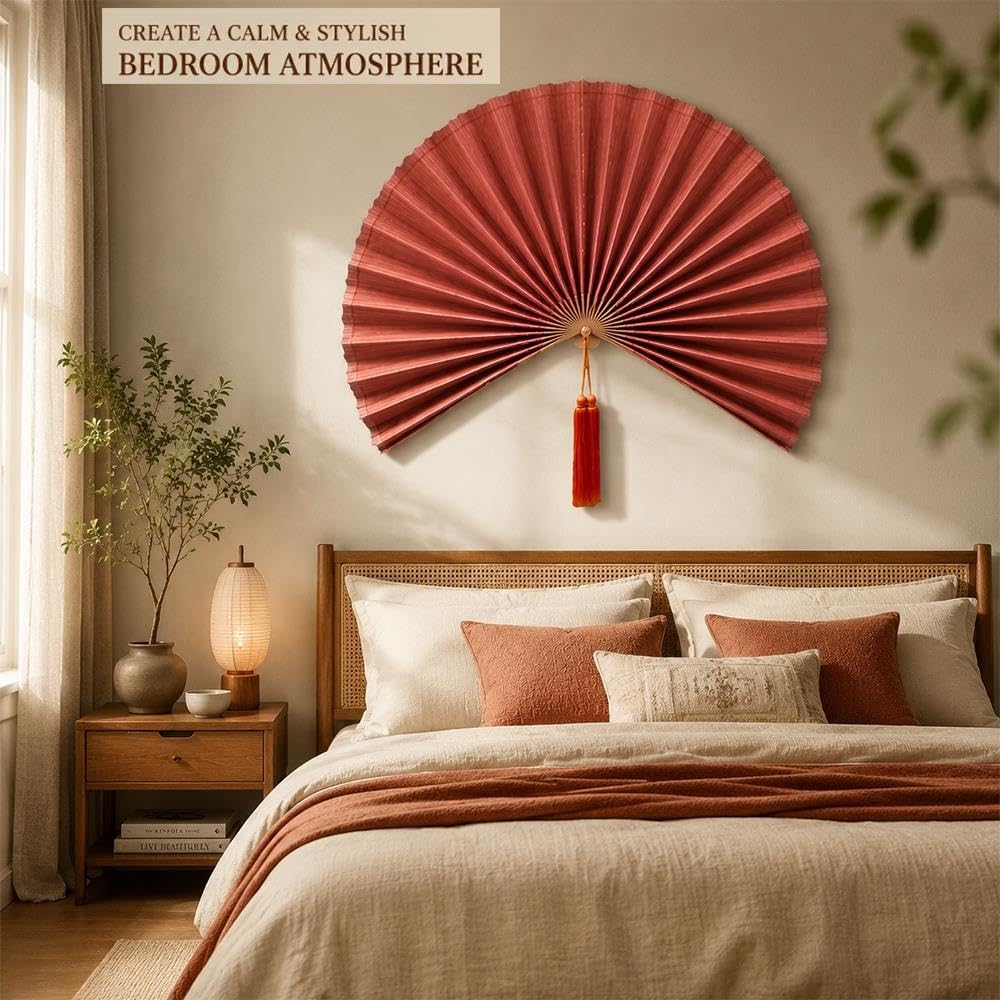 Abanico de Pared de Bambú 100cm, Decoración Japandi con Borla