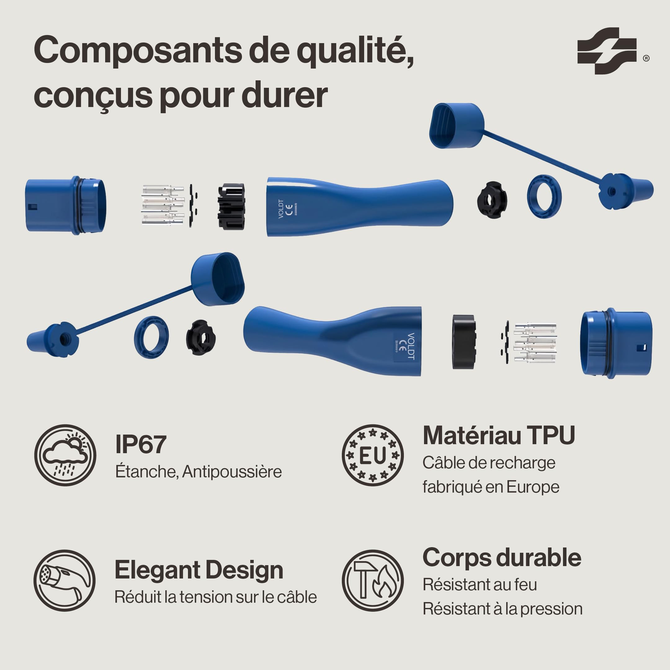 VOLDT Adaptateur Type 2 (borne de Recharge) vers Prise Schuko Type F 230 V, 3,7kW, 8–16 A + APP, étanche IP67, certifié CE/UKCA/TÜV (10 Length)
