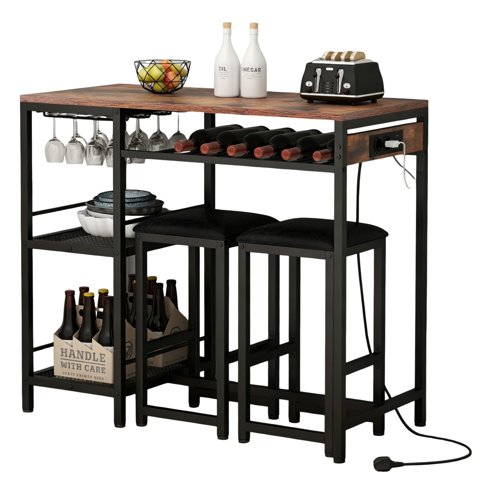 Gyfimoie Bartisch mit Barhocker Set, Stehtisch mit 2 Barhockern und Ladestation, Esstisch Set mit 2 Seitenregalen, Stahlgestell, Industrie-Design, Küchentisch für Esszimmer, Küche, Wohnzimmer