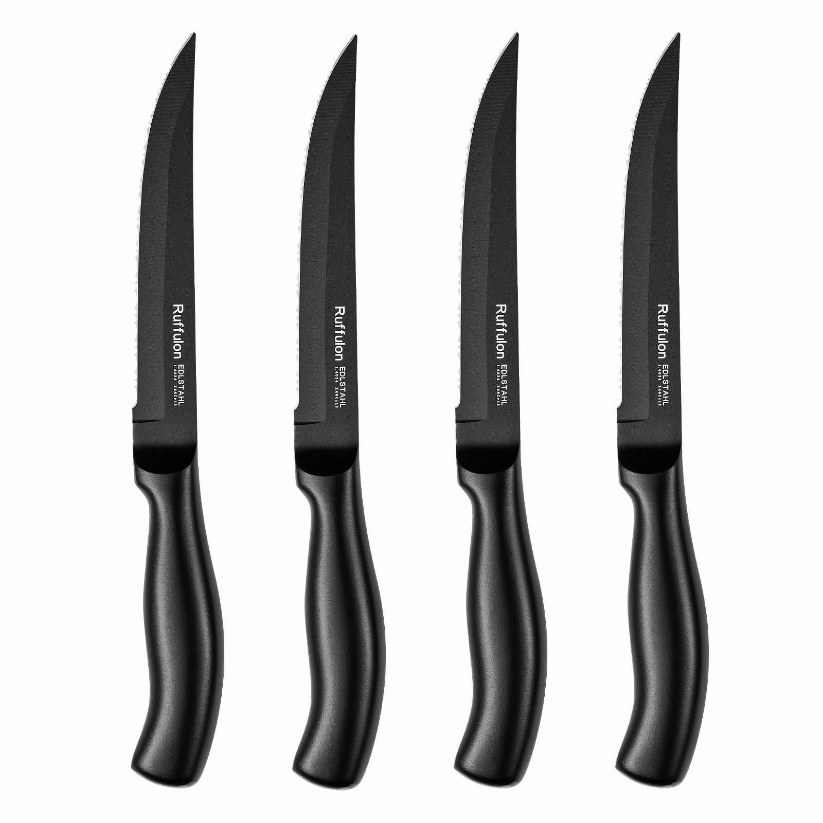 Ruffulon Steak Knife,4 PCS,Serrated,Stainless Steel,Ergonomic Handle,Black