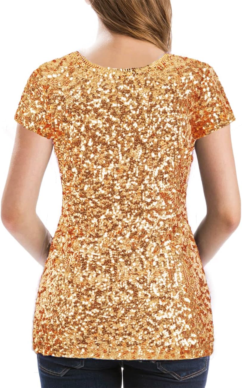 MANER Women’s Full Sequin Tops Glitter Party Shirt Short Sleeve Sparkle Blouses S-4X - Image 3