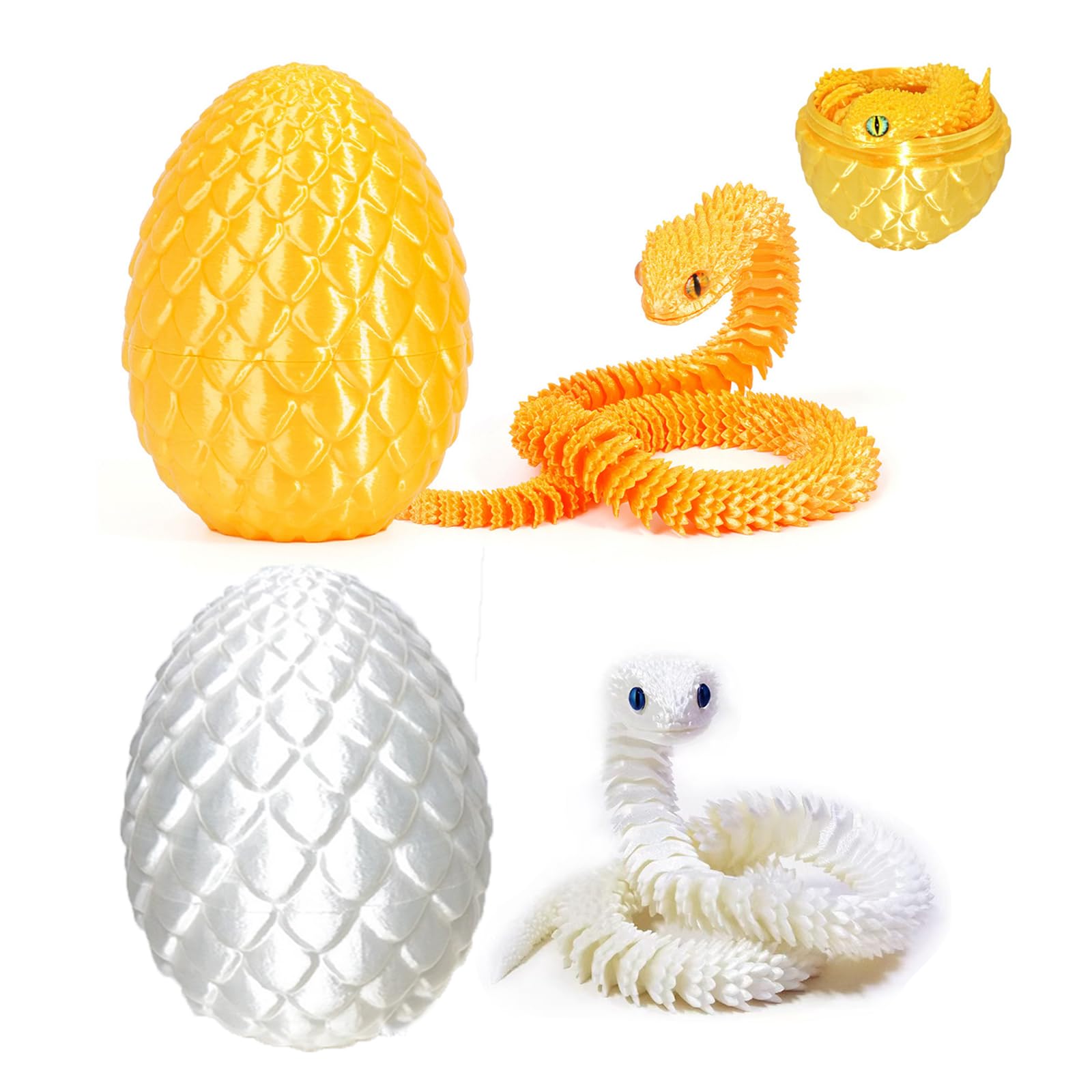 Myqiqi 3D Printed Snake in Egg Small – Flexible Articulated Snake Fidget Toys for Home and Office Executive Desks Décor (Gold & White)