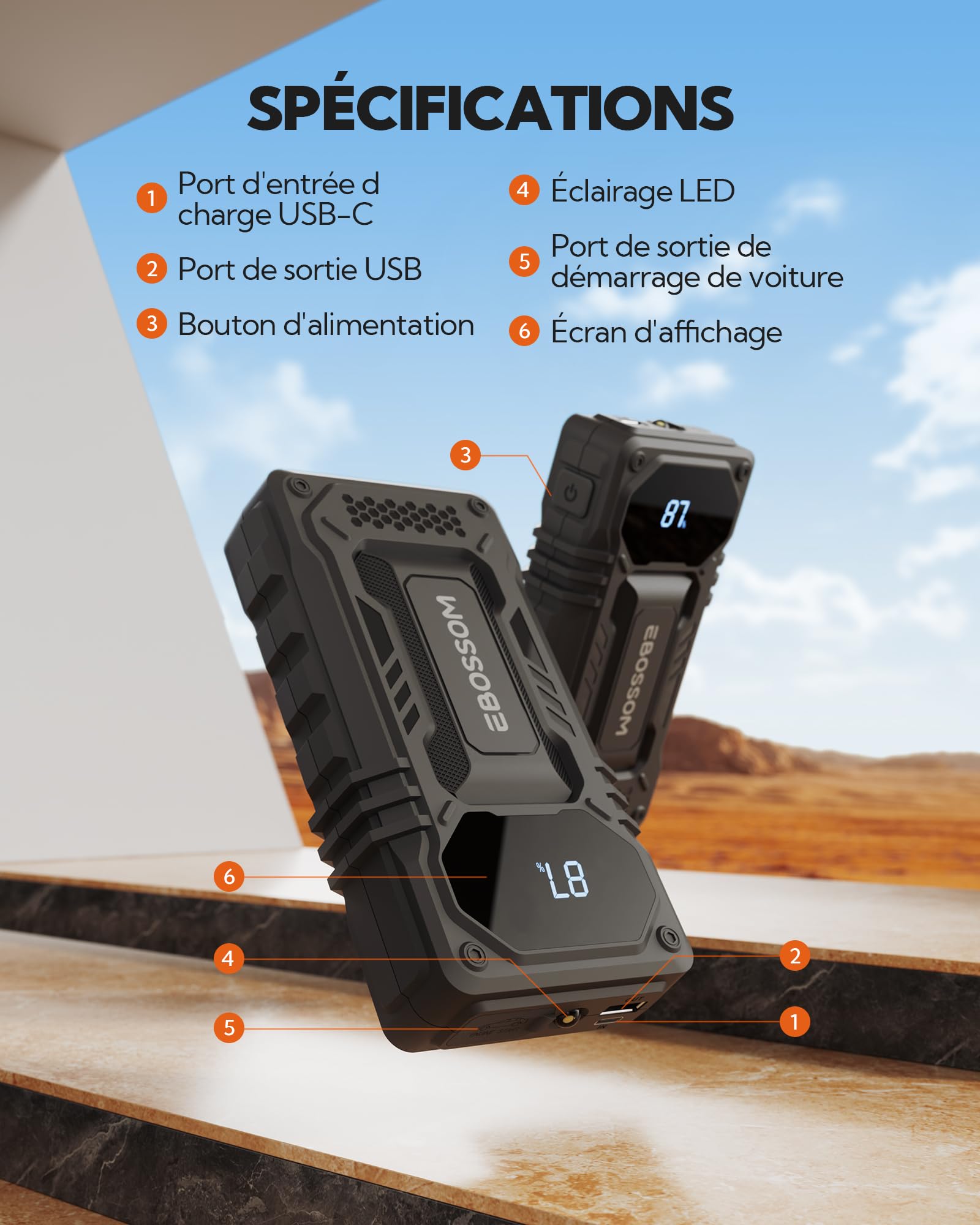 Booster Batterie Voiture, 12000mAh Démarreur de Voiture et Moto Portable, 12V Jump Starter avec Câbles de Démarrage Intelligents, Lumière LED Kit d'urgence pour Véhicules de Voyage, Chargeur de Secour