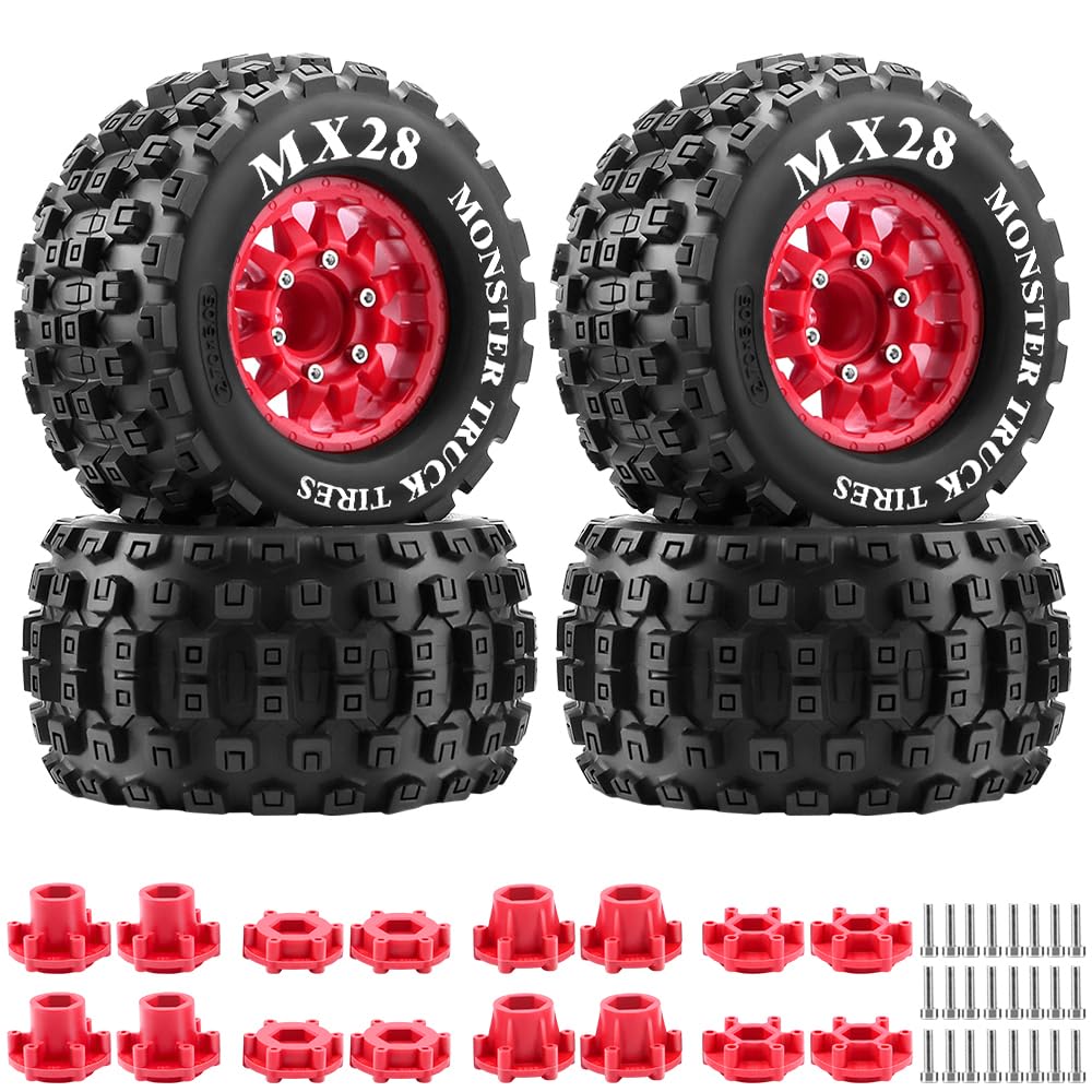 GLOBACTMX28 F/R 2.8" RC Tires with 12mm/14mm Hex Adapter for ARRMA Big Rock Granite VORTEKS 3S TRAXXAS Stampede 1/10 RC Truck Car (4PCS Red)