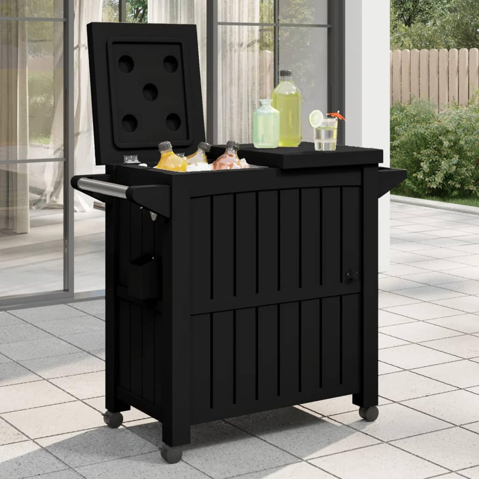 Geecher Carrello di Servizio 3 in 1 con Secchiello per Ghiaccio 80 L, Mobile da Esterno con Ruote Bloccabili, Tavolo di Preparazione e Conservazione, Polipropilene Nero, 102x46x86,5 cm for Eventi all'