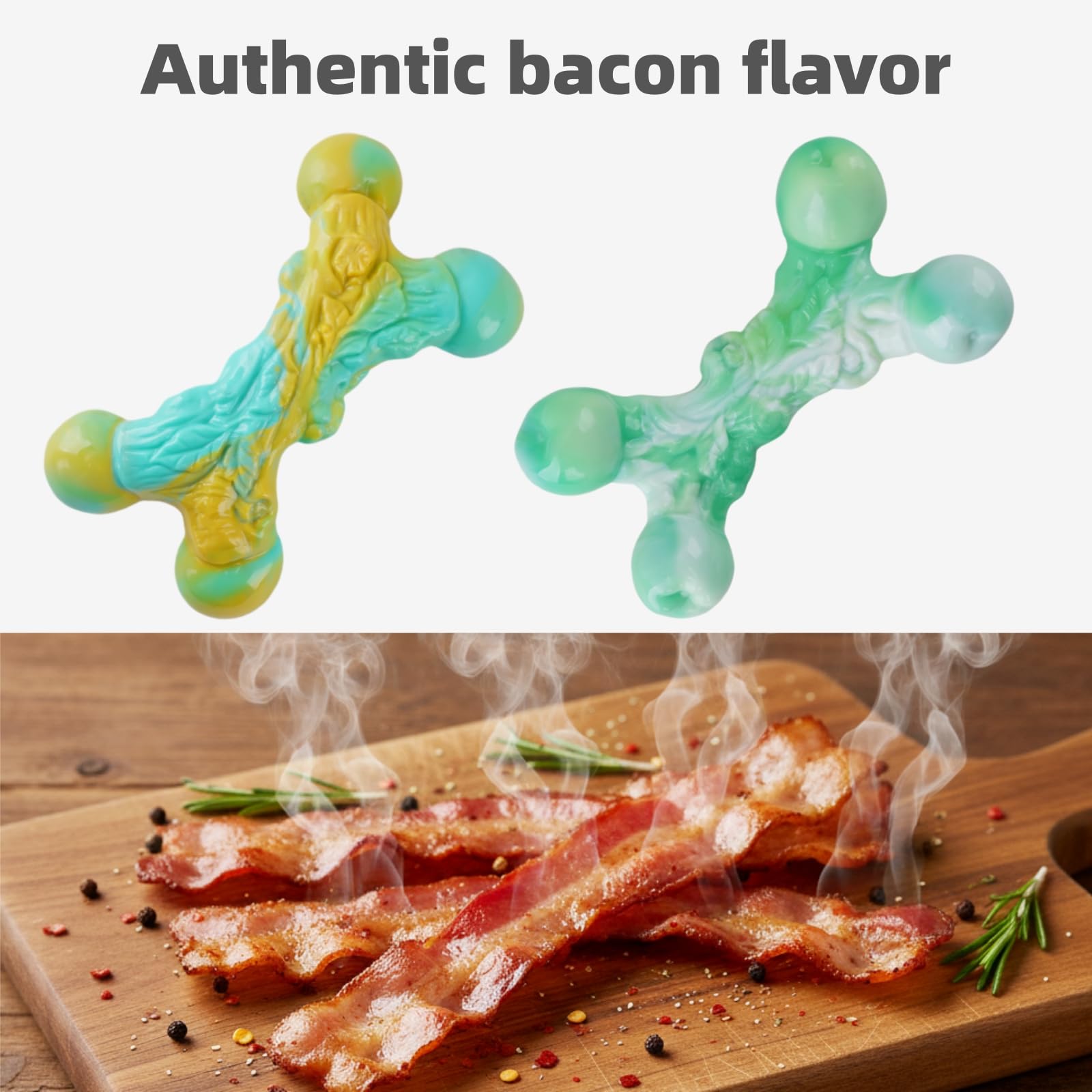 Paquete de 2 juguetes indestructibles para perros masticadores agresivos, huesos de nailon resistentes con sabor a tocino para perros medianos y grandes (2 unidades, tocino, verde)