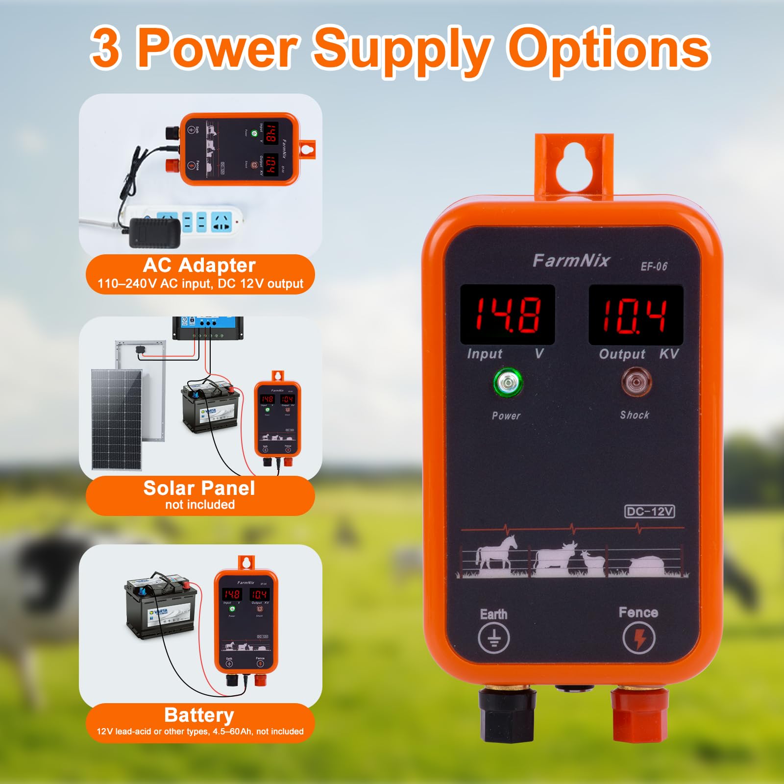 Energizador de Cerca Eléctrica 12V con pantalla LED digital, 1J 230V para alcance 8 KM, para animales pequeños, aves y mascotas, ideal para jardín, granja y pasto