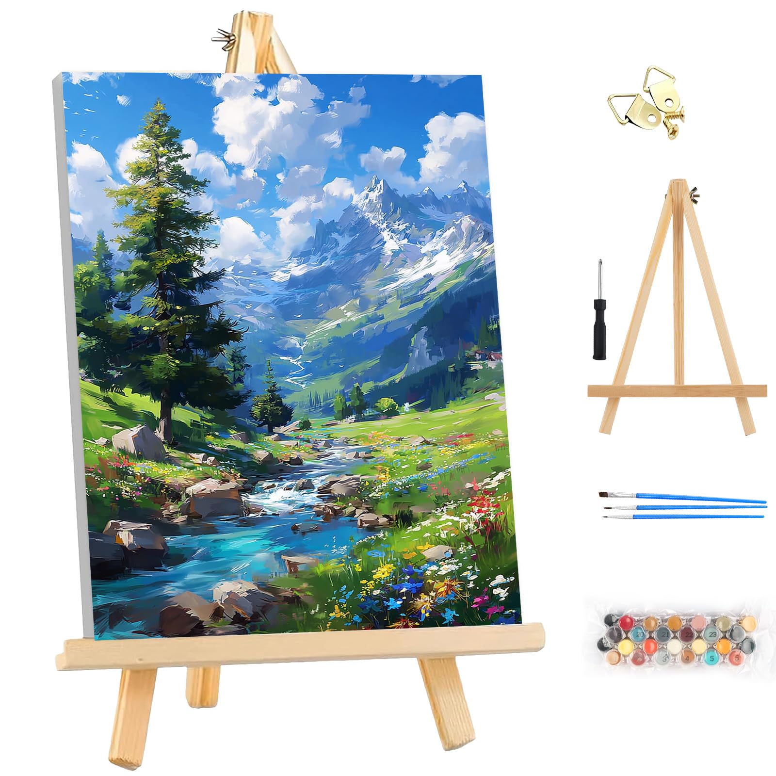MEIYUDA Paint by Numbers for Adult with Frame & Wooden Easel, Landscape Mountain DIY Canvas Oil Painting Kit for Beginner, Arts and Crafts Drawing Paintwork for Home Wall Decor 25x35cm