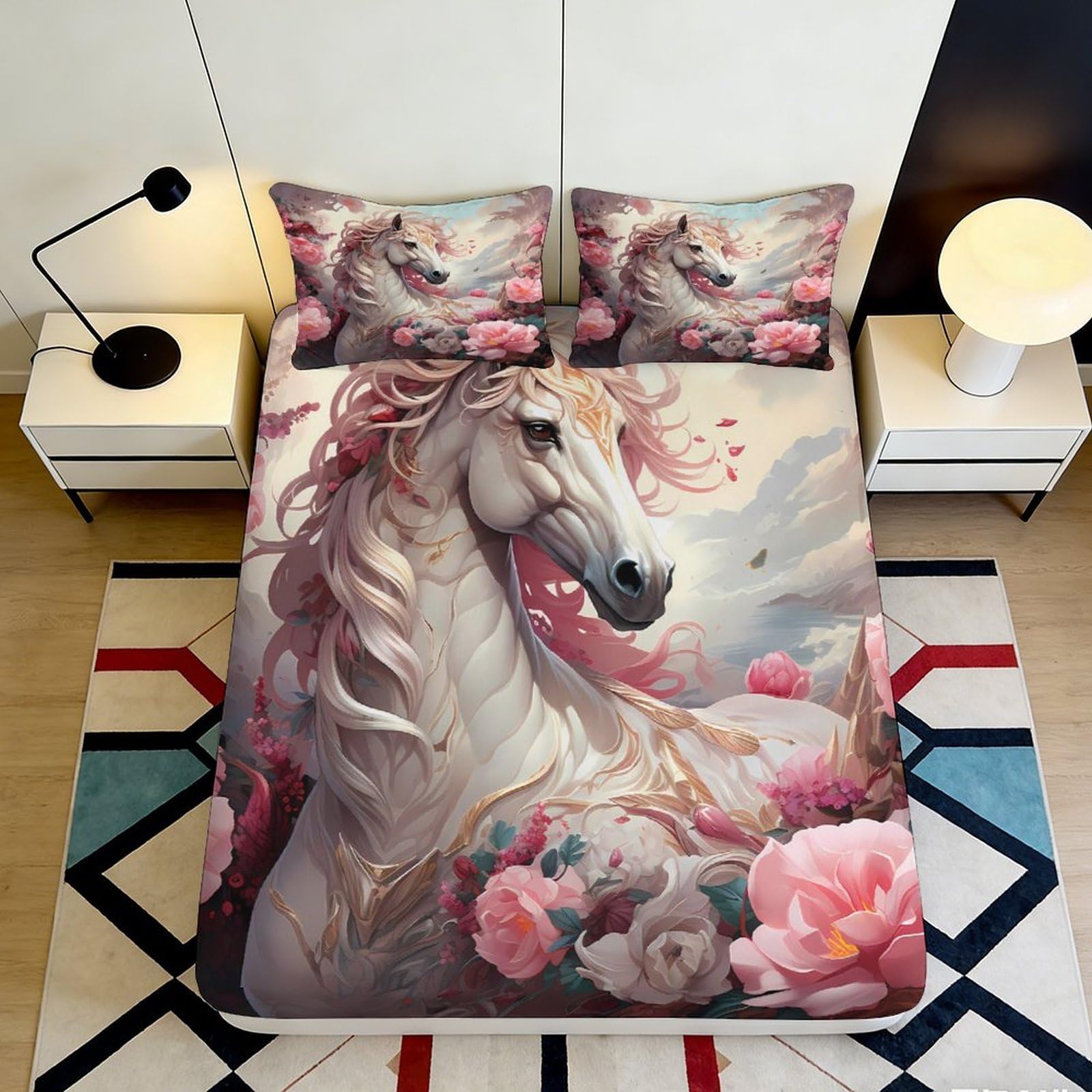 3D Printed White Horse Floral Fitted Sheet Microfiber Soft Breathable Romantic Bed Cover for Bedroom Dormitory Guest Room Mattress Protection 120x200x25cm
