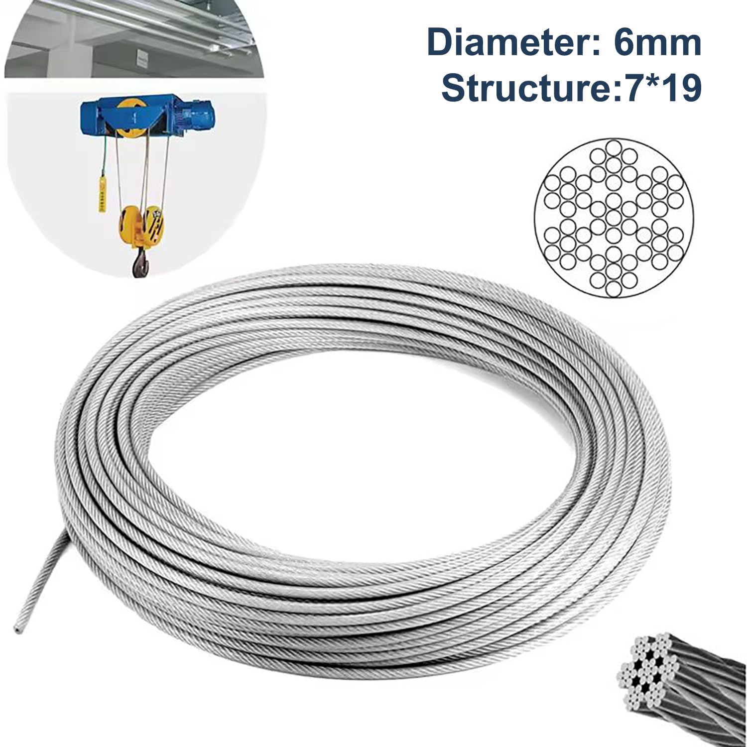 Cable Acier 6mm, 30M Câbles Métalliques, Cable Inox avec 20 Manchons de Sertissage, Âme de 7×19 Brins pour Fil de Clôtur,Fil a linge, Fil Inox pour Plantes Grimpantes, Suspension